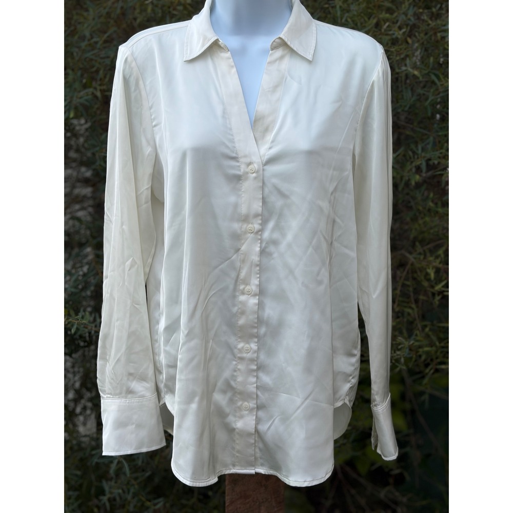 H&M Women Cream Satin Button Down Blouse Long Sleeve V-Neck Top XS 0939703 5